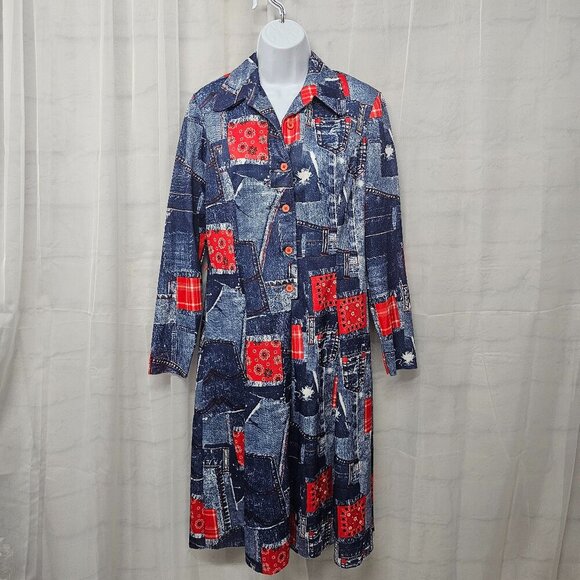 Blue Red Faux Denim Patchwork Bandana Midi Shirt Retro Boho Dress M - Picture 1 of 9